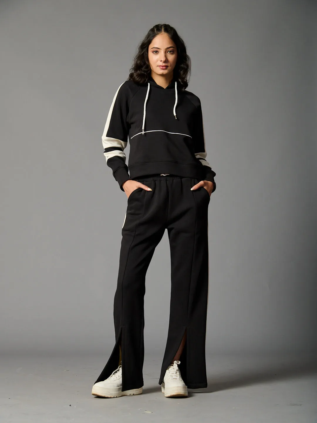 Colourblock Hoodie with Side Slit Fleece Pants Coord set for Women