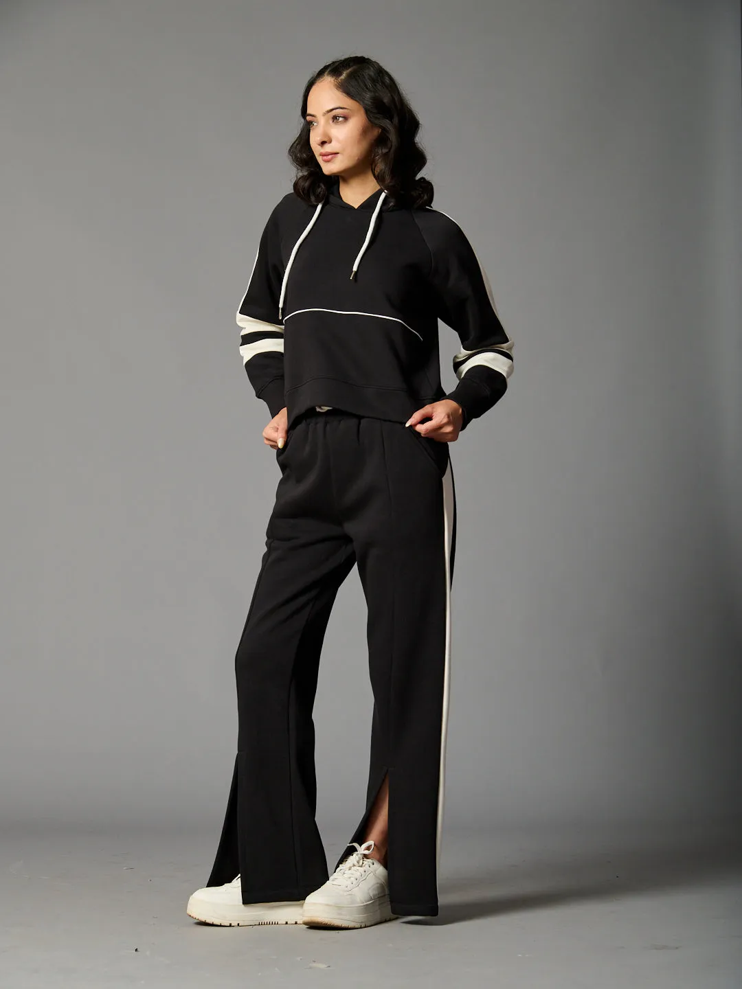 Colourblock Hoodie with Side Slit Fleece Pants Coord set for Women