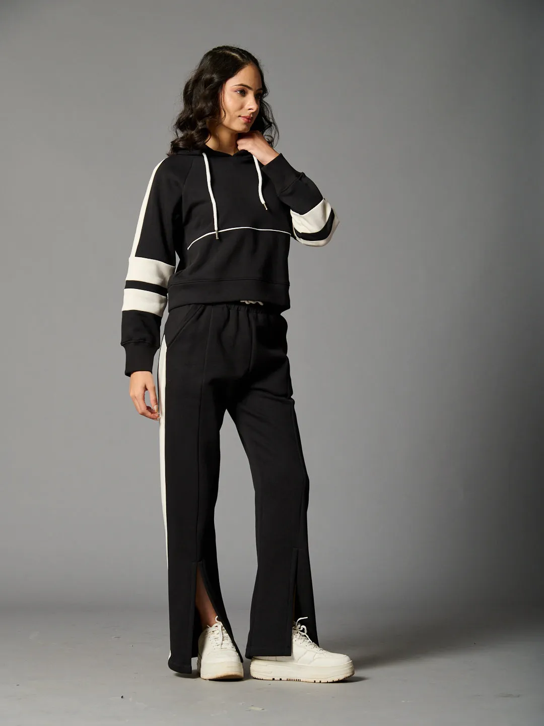 Colourblock Hoodie with Side Slit Fleece Pants Coord set for Women