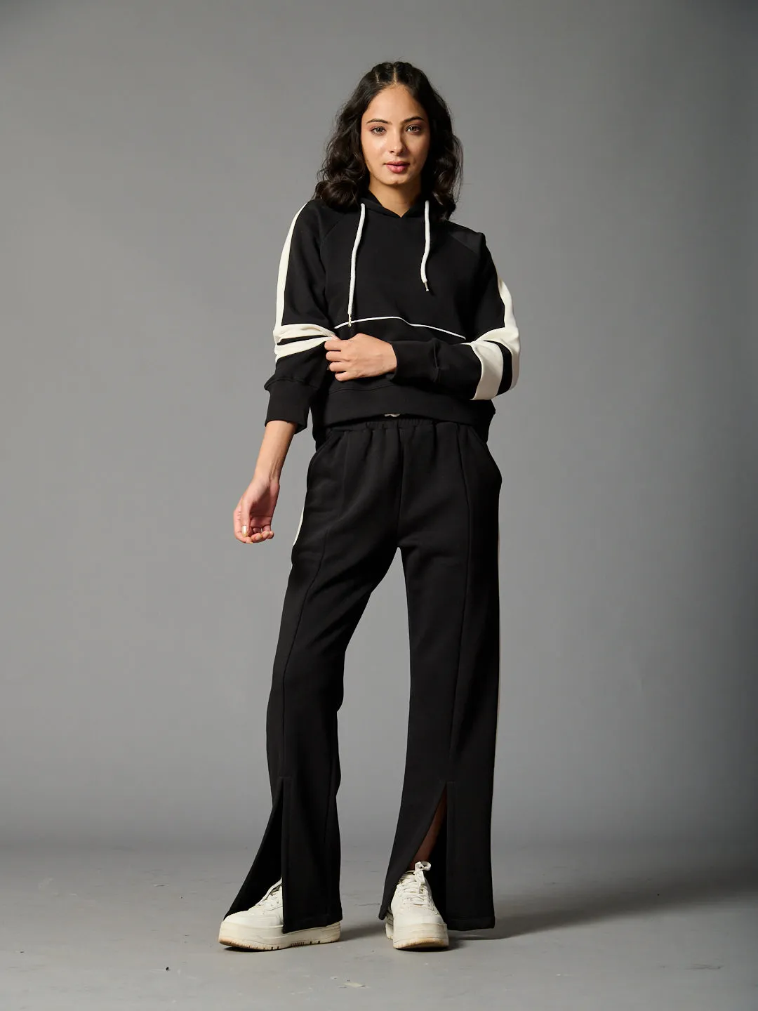 Colourblock Hoodie with Side Slit Fleece Pants Coord set for Women