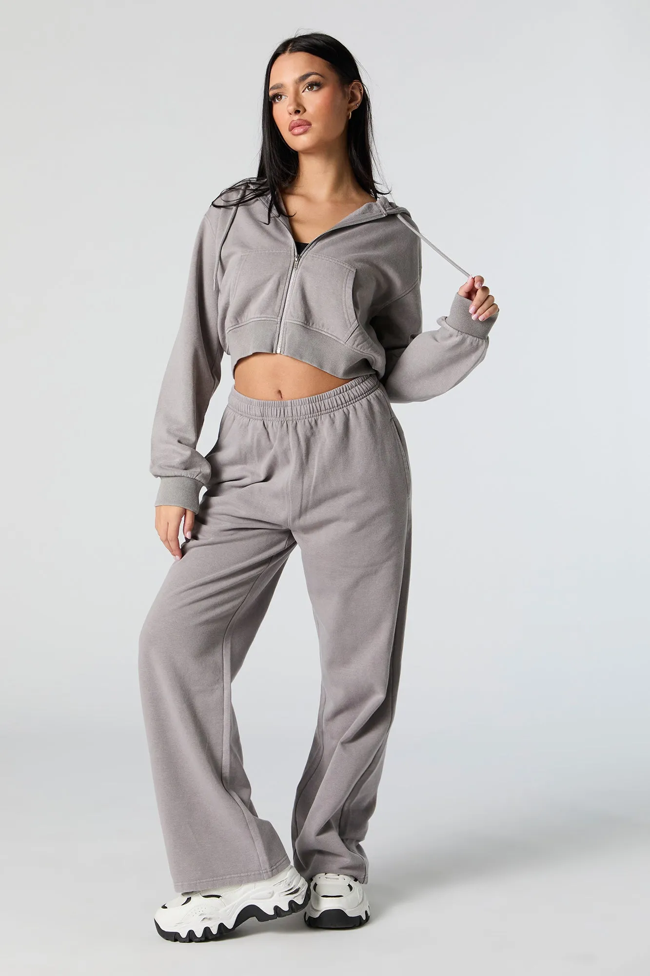 Fleece Washed Zip-Up Cropped Hoodie