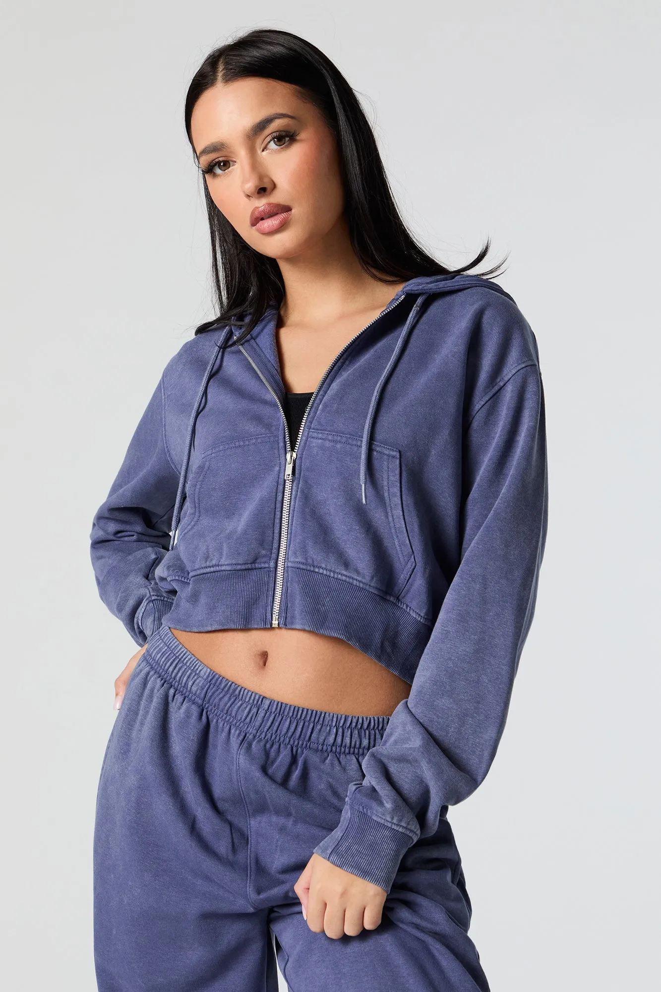 Fleece Washed Zip-Up Cropped Hoodie