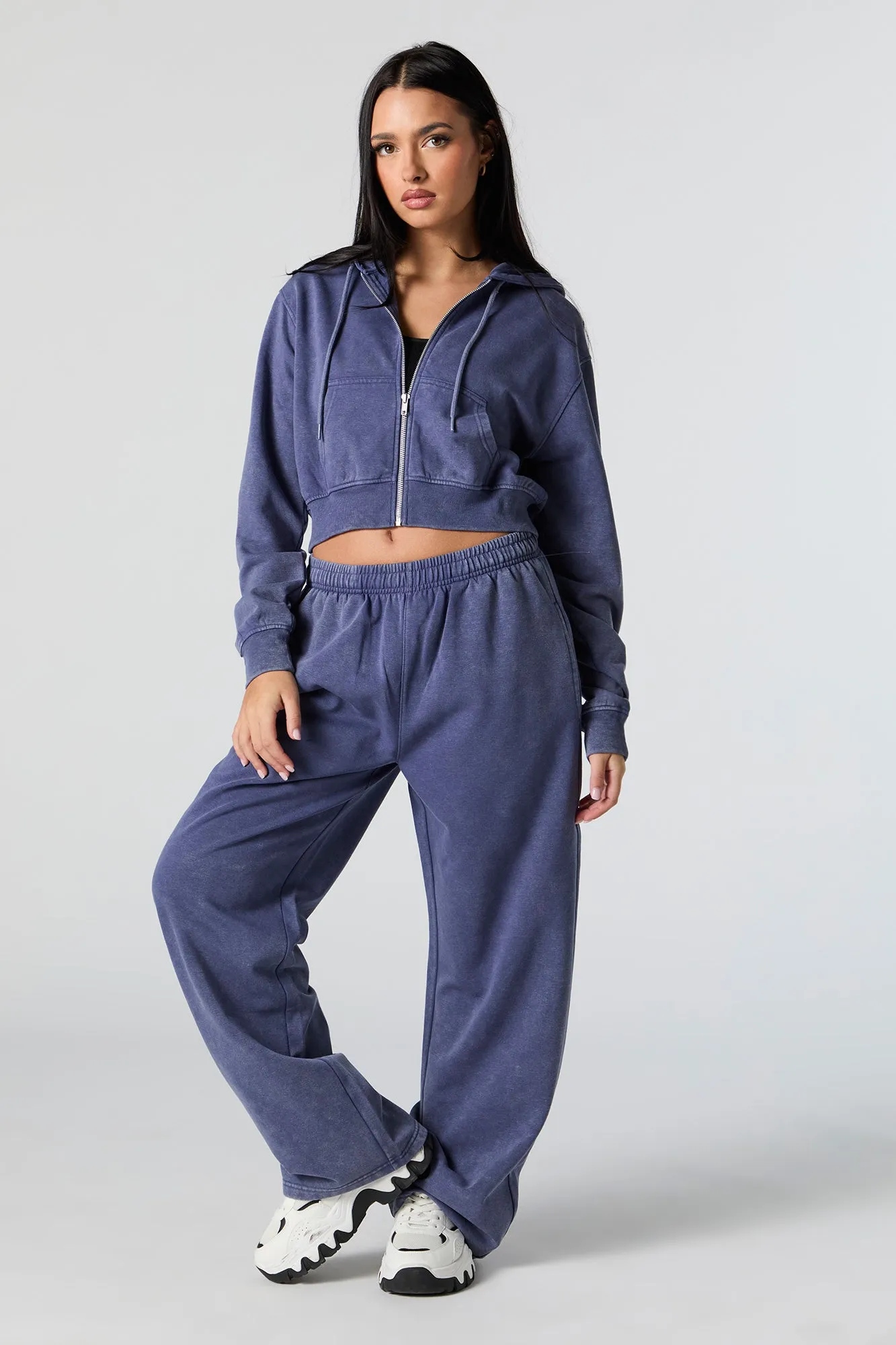 Fleece Washed Zip-Up Cropped Hoodie