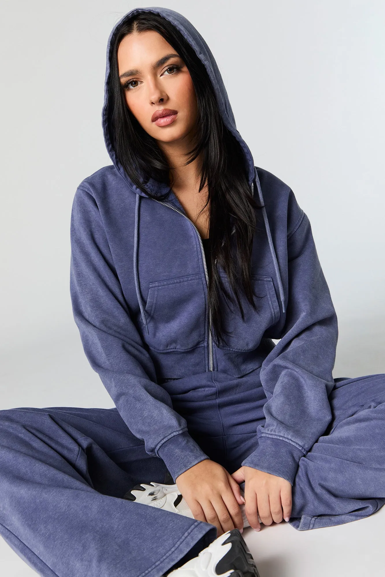 Fleece Washed Zip-Up Cropped Hoodie