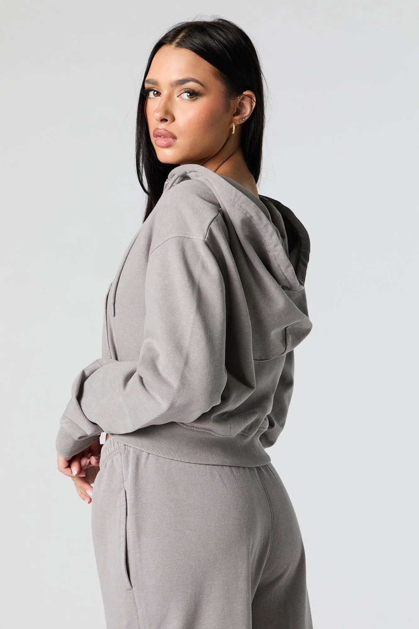 Fleece Washed Zip-Up Cropped Hoodie