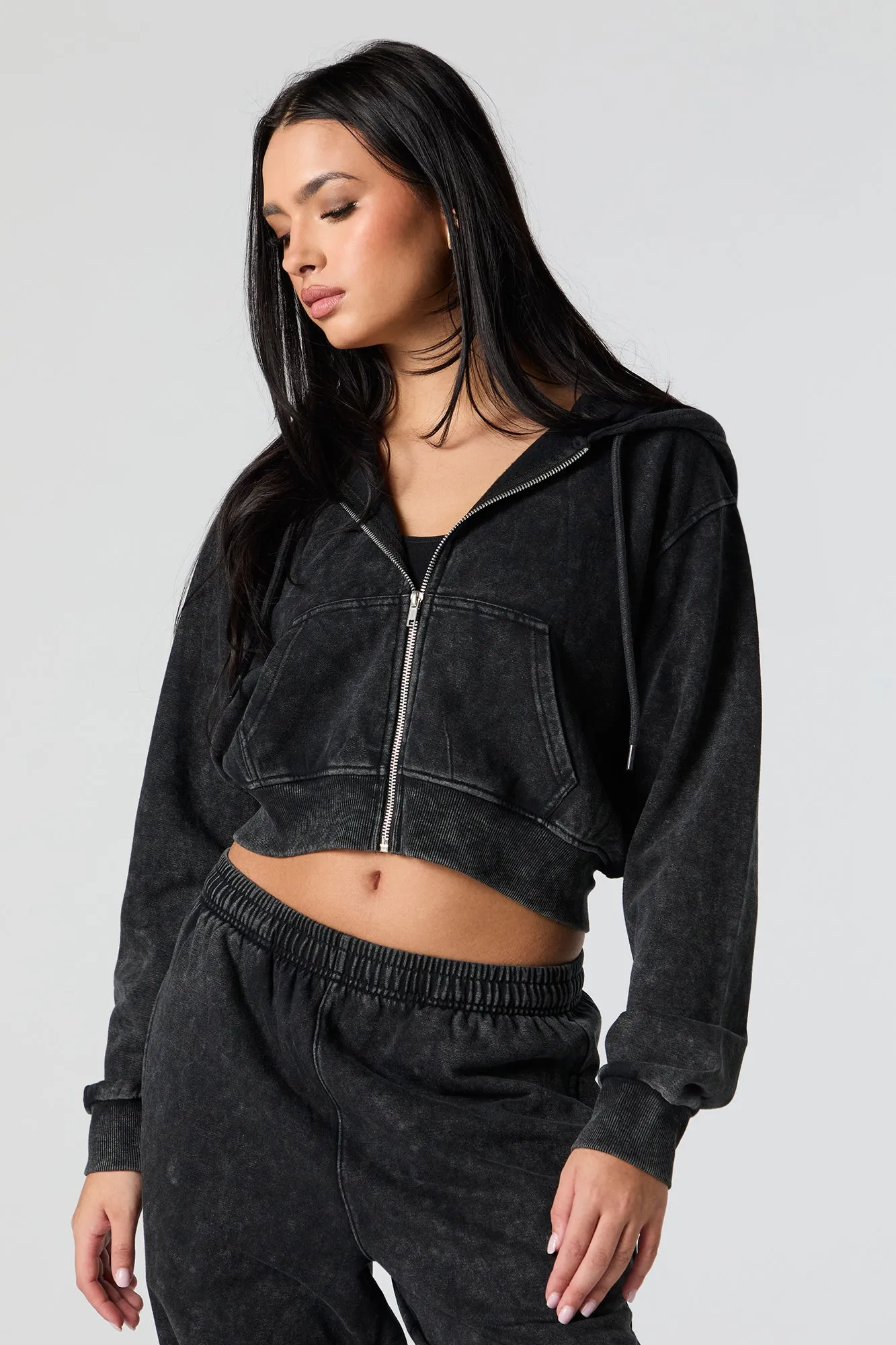 Fleece Washed Zip-Up Cropped Hoodie