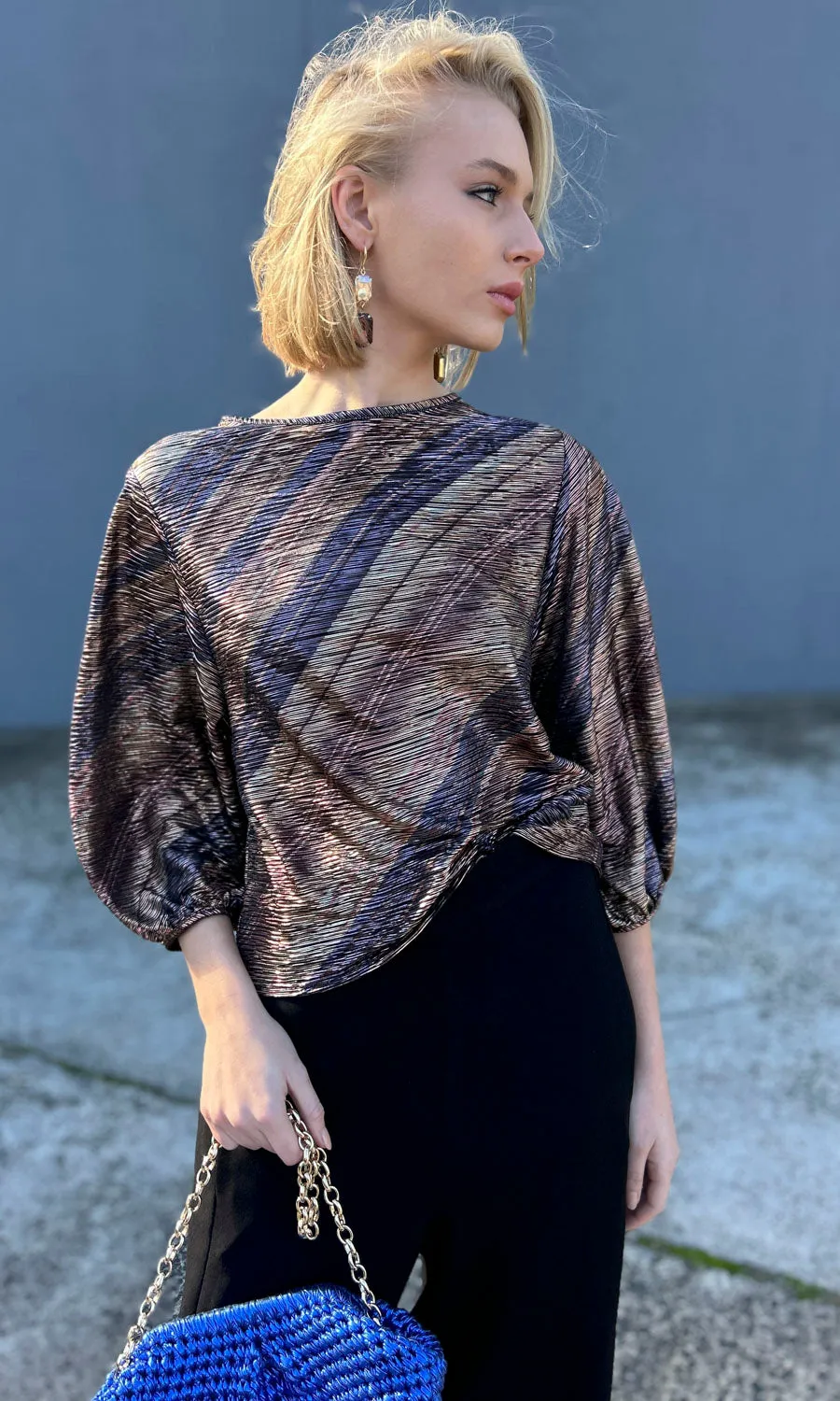 hoss Dramatic Bronze Blue Metallic Tie Back Top