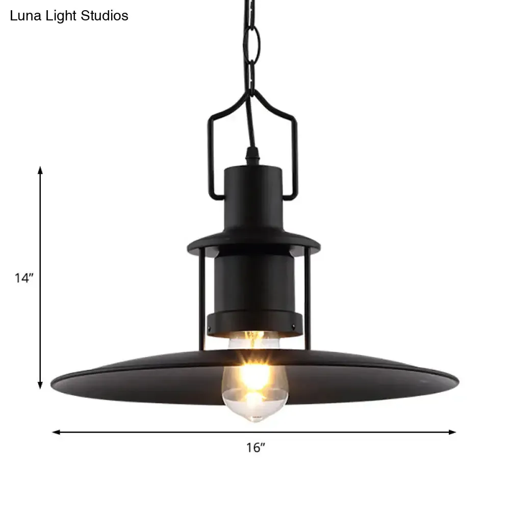 Industrial Metal Pendant Light - Flat Cone Shade, 1-Light Dining Room Hanging Fixture in Black, 16" Width