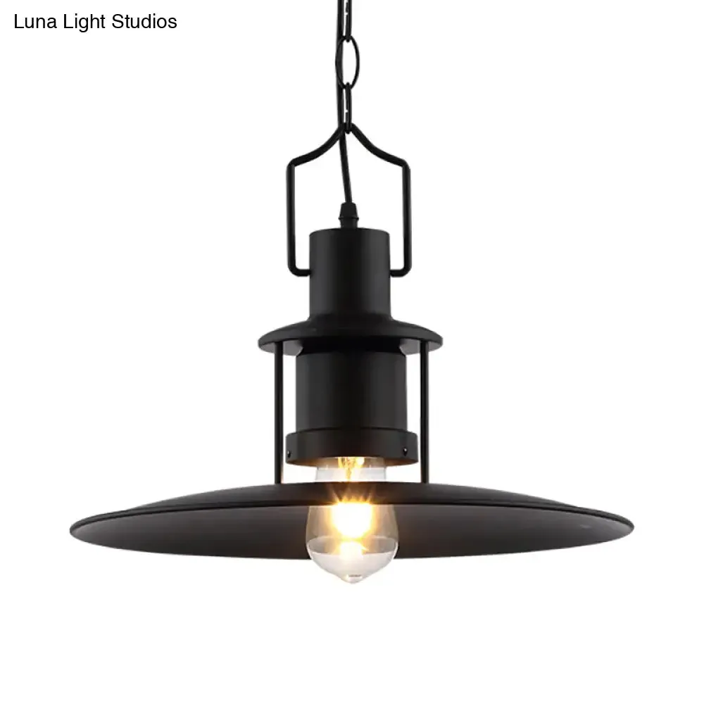 Industrial Metal Pendant Light - Flat Cone Shade, 1-Light Dining Room Hanging Fixture in Black, 16" Width