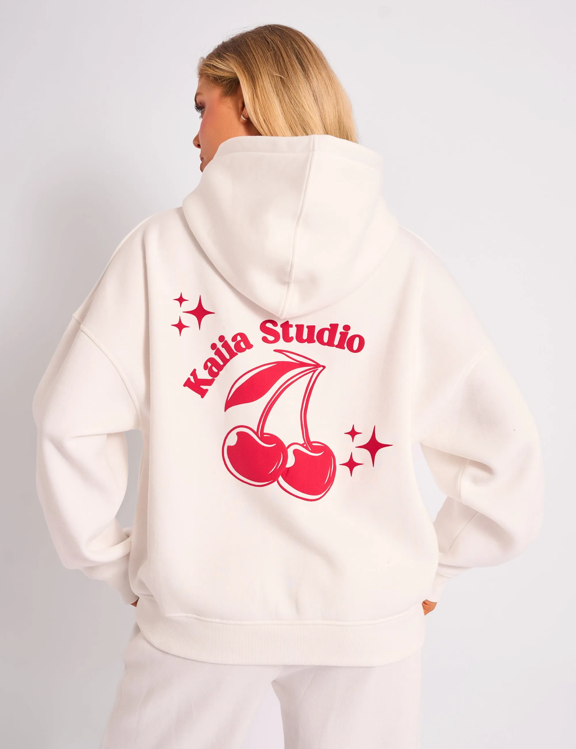 Kaiia Studio Cherry Graphic Oversized Hoodie Cream & Red