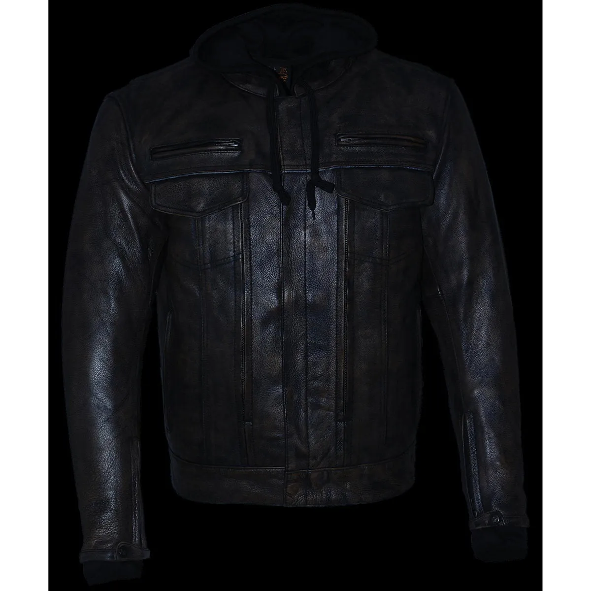 Milwaukee Leather MLM1538 Men's Distressed Brown Leather ‘Utility Pocket’ Vented Jacket with Removable Hoodie