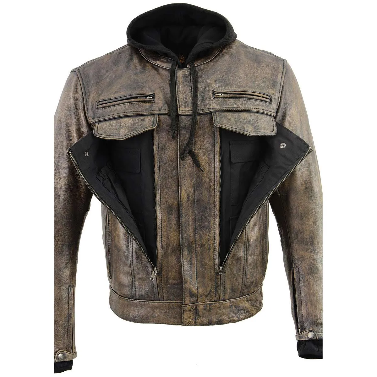 Milwaukee Leather MLM1538 Men's Distressed Brown Leather ‘Utility Pocket’ Vented Jacket with Removable Hoodie