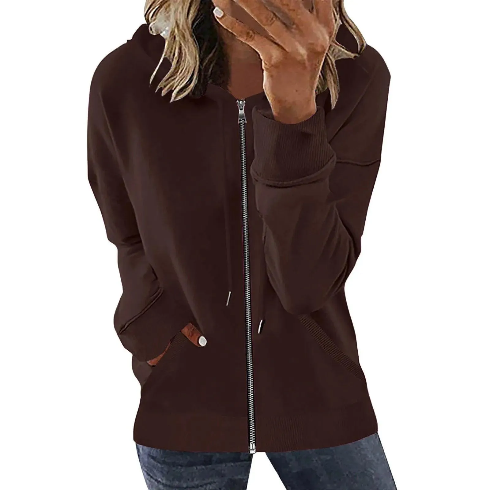 Pocket Long Sleeve Hooded Threaded Sweater Ladies Zipper Top Hooded Zip up Sweatshirt Women Hoodie Casual Oversized Hoodies