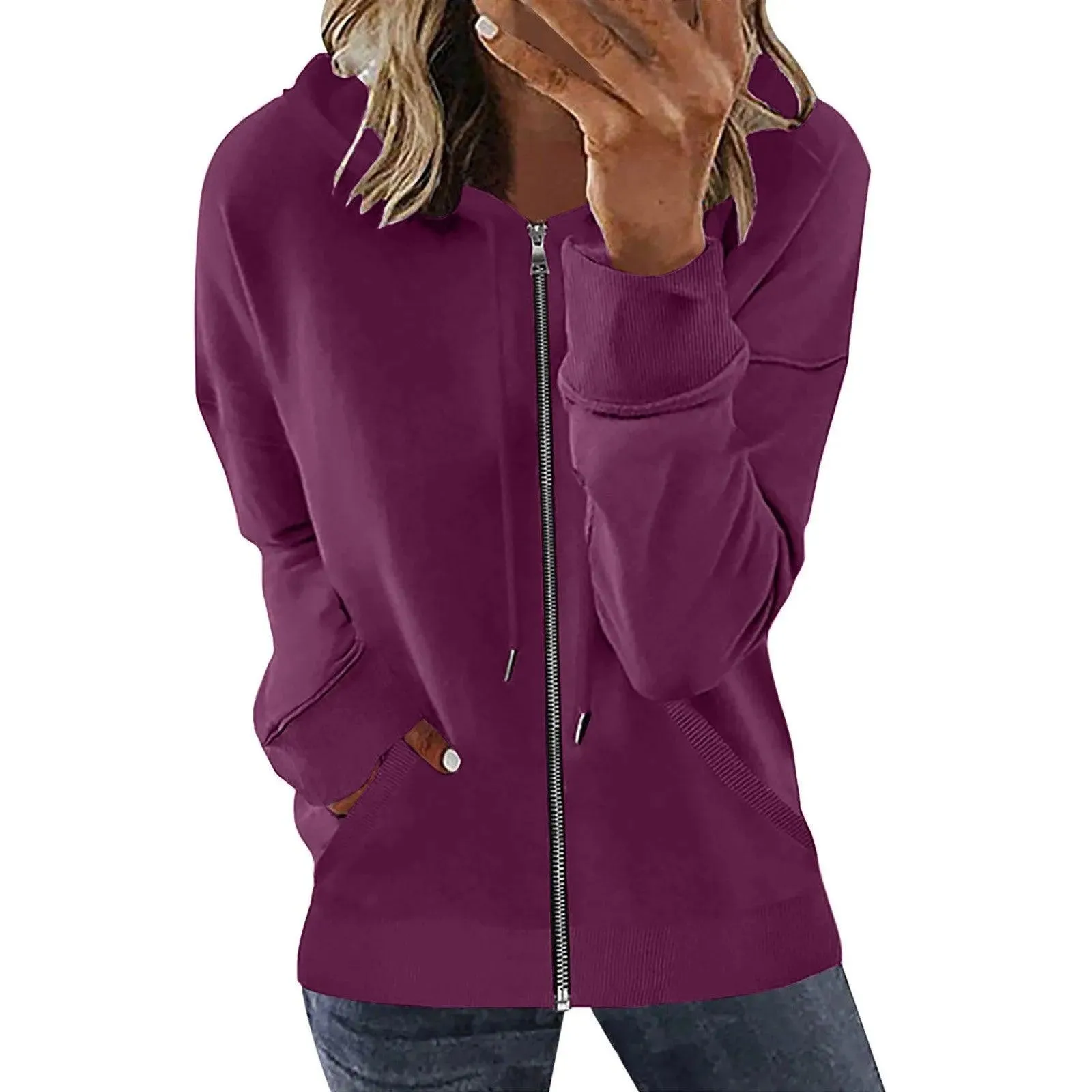 Pocket Long Sleeve Hooded Threaded Sweater Ladies Zipper Top Hooded Zip up Sweatshirt Women Hoodie Casual Oversized Hoodies