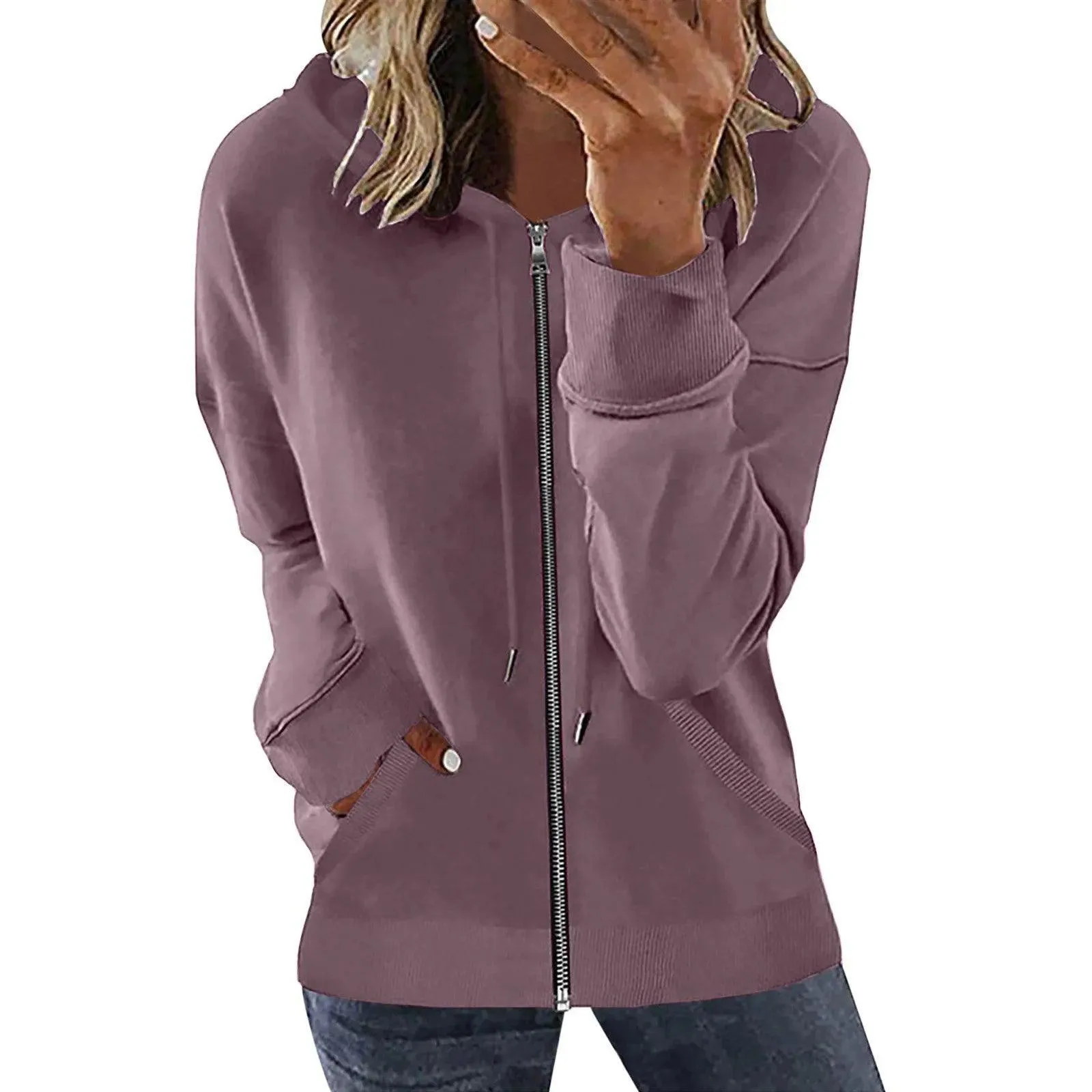 Pocket Long Sleeve Hooded Threaded Sweater Ladies Zipper Top Hooded Zip up Sweatshirt Women Hoodie Casual Oversized Hoodies