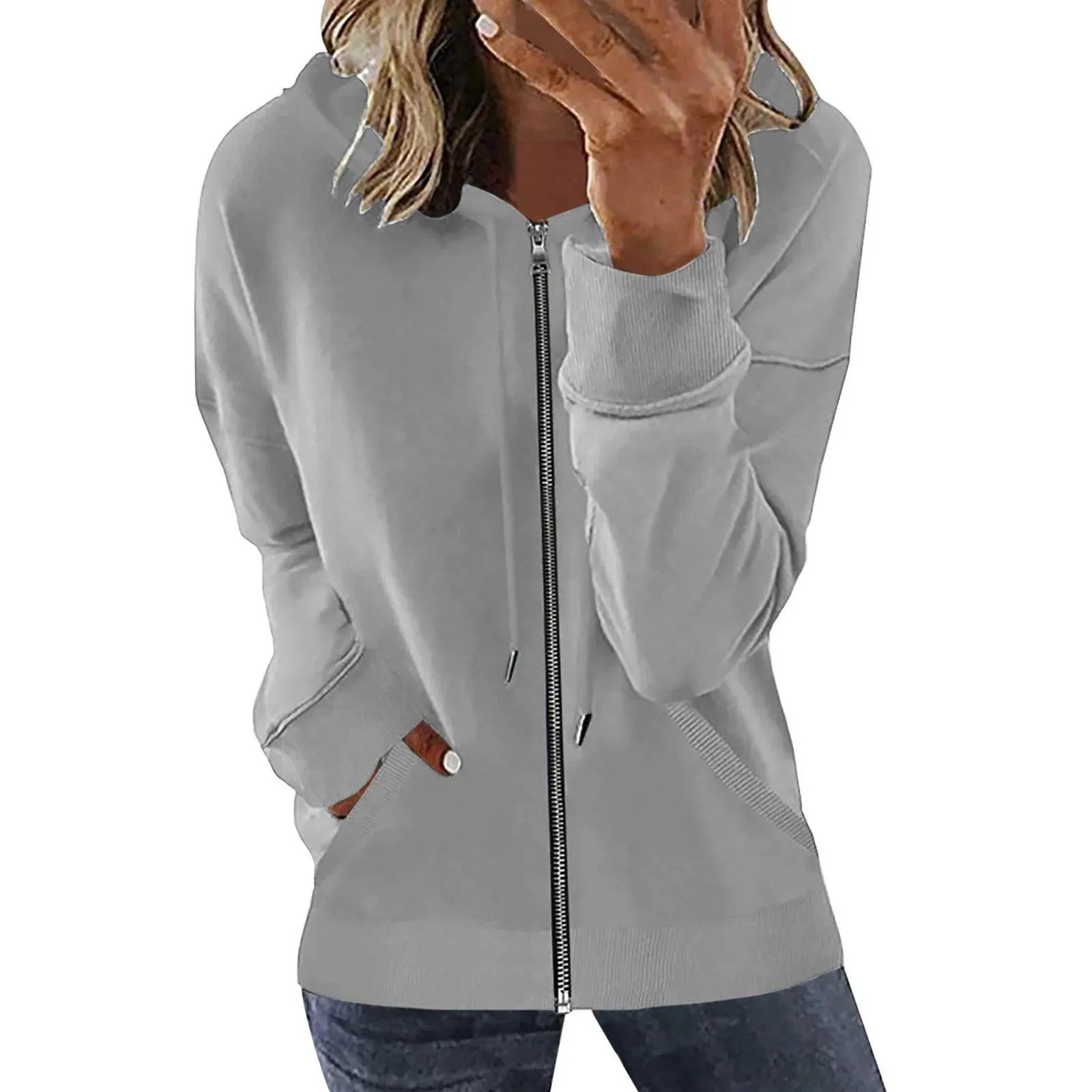 Pocket Long Sleeve Hooded Threaded Sweater Ladies Zipper Top Hooded Zip up Sweatshirt Women Hoodie Casual Oversized Hoodies