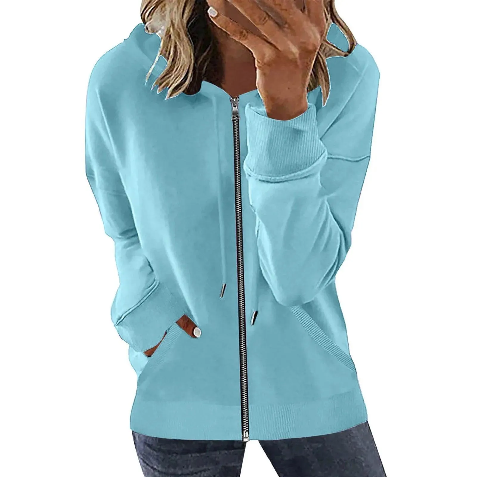 Pocket Long Sleeve Hooded Threaded Sweater Ladies Zipper Top Hooded Zip up Sweatshirt Women Hoodie Casual Oversized Hoodies