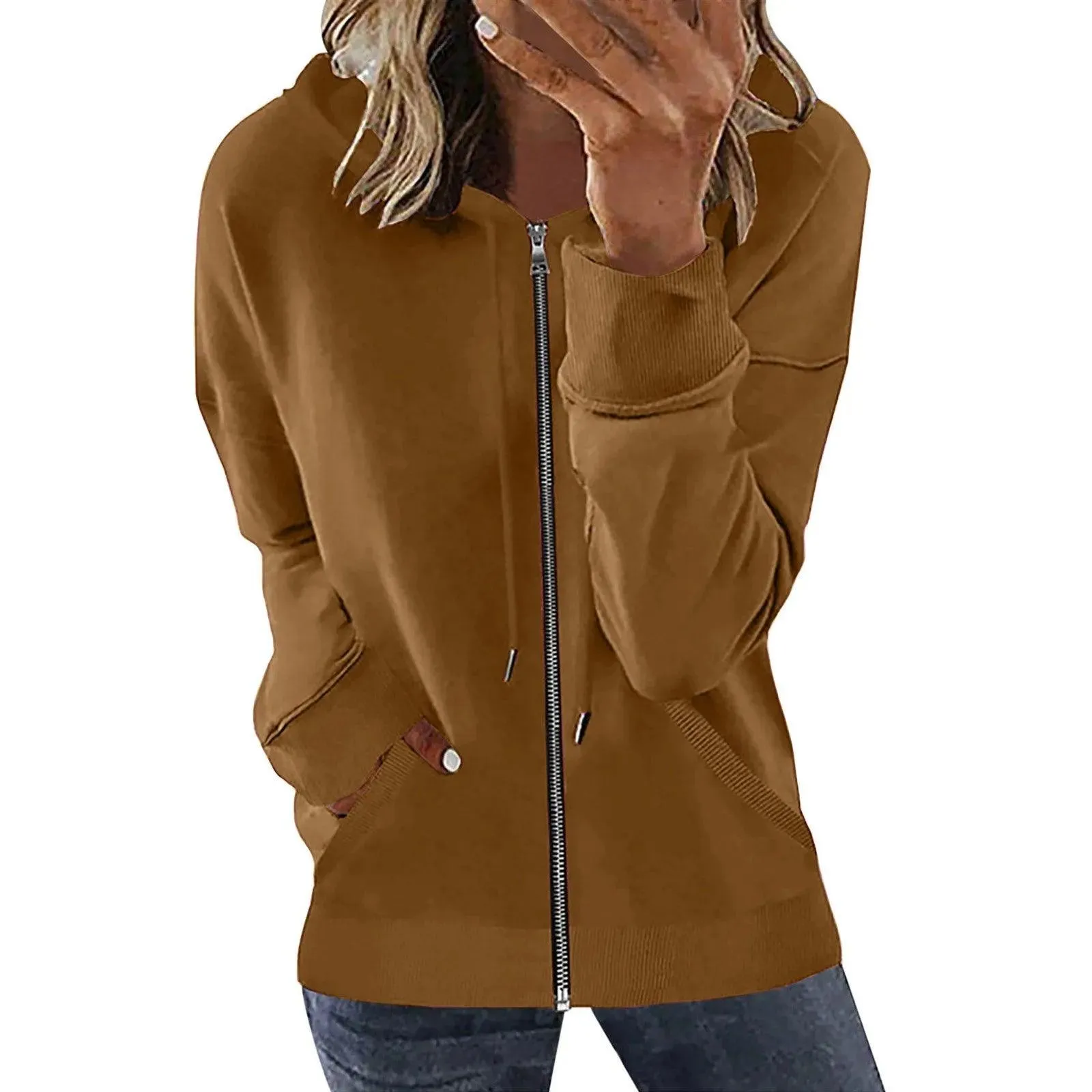 Pocket Long Sleeve Hooded Threaded Sweater Ladies Zipper Top Hooded Zip up Sweatshirt Women Hoodie Casual Oversized Hoodies