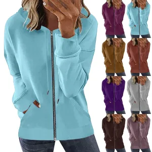 Pocket Long Sleeve Hooded Threaded Sweater Ladies Zipper Top Hooded Zip up Sweatshirt Women Hoodie Casual Oversized Hoodies