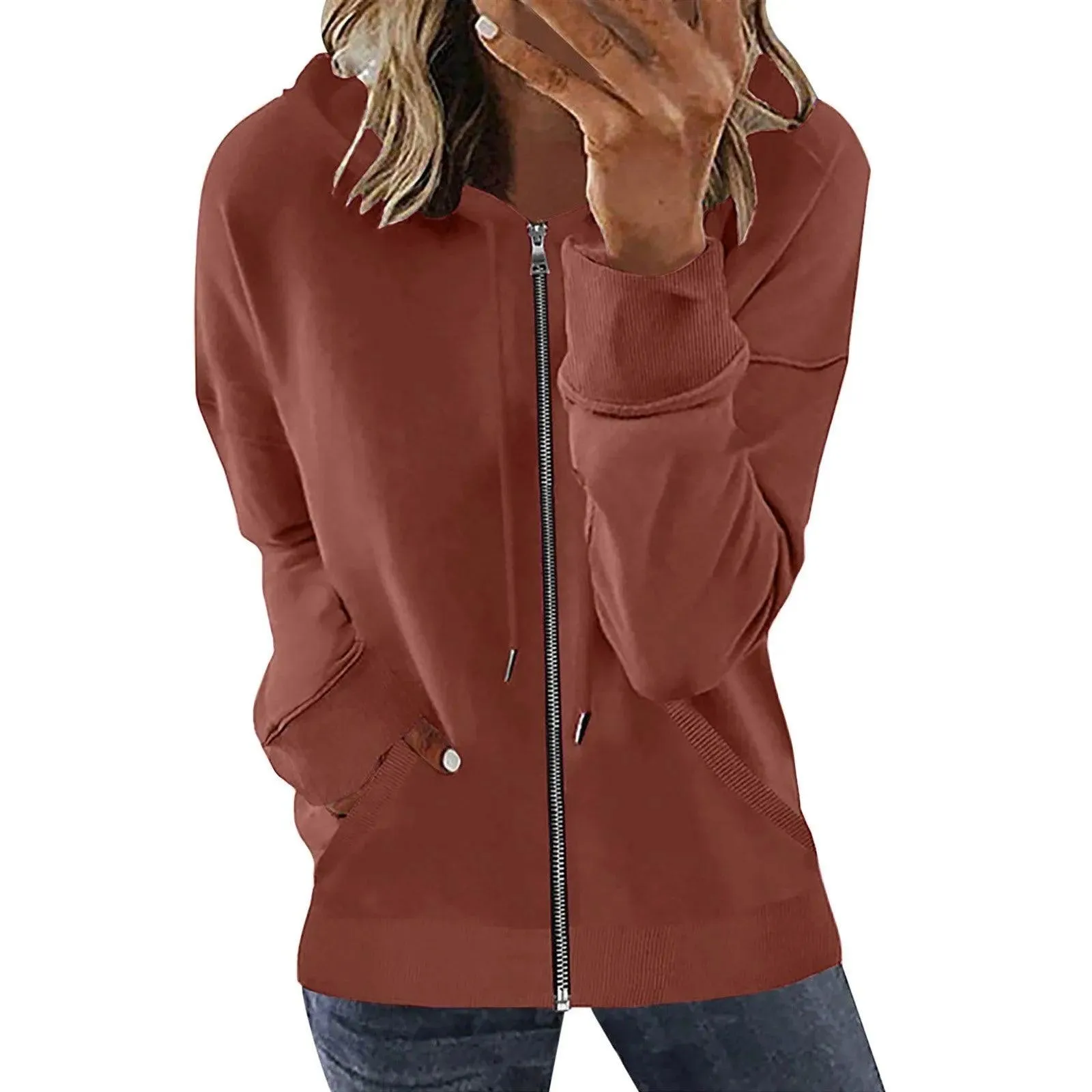 Pocket Long Sleeve Hooded Threaded Sweater Ladies Zipper Top Hooded Zip up Sweatshirt Women Hoodie Casual Oversized Hoodies