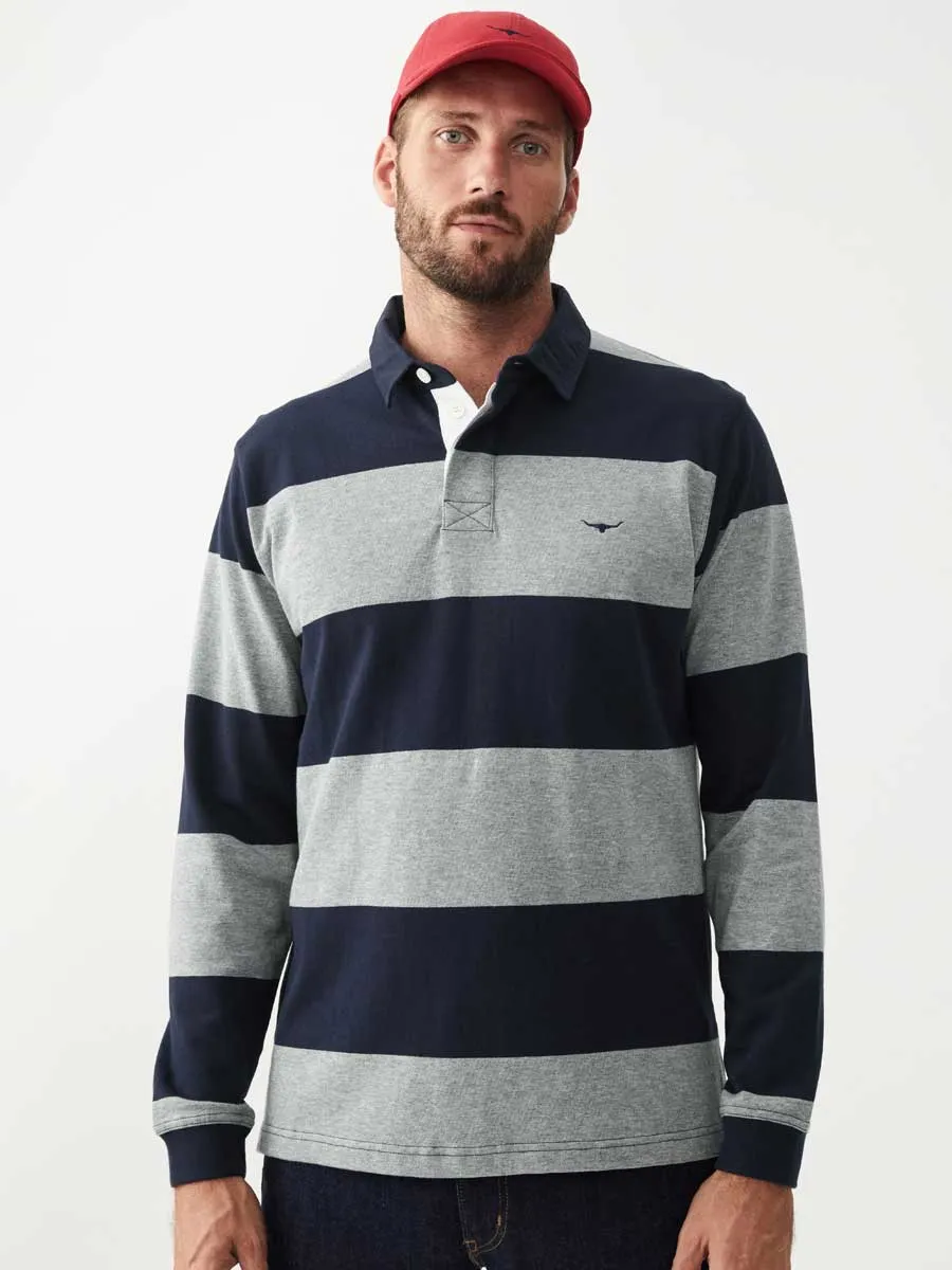 RM WILLIAMS Mens Tweedale Rugby Shirt - Navy & Grey Stripe