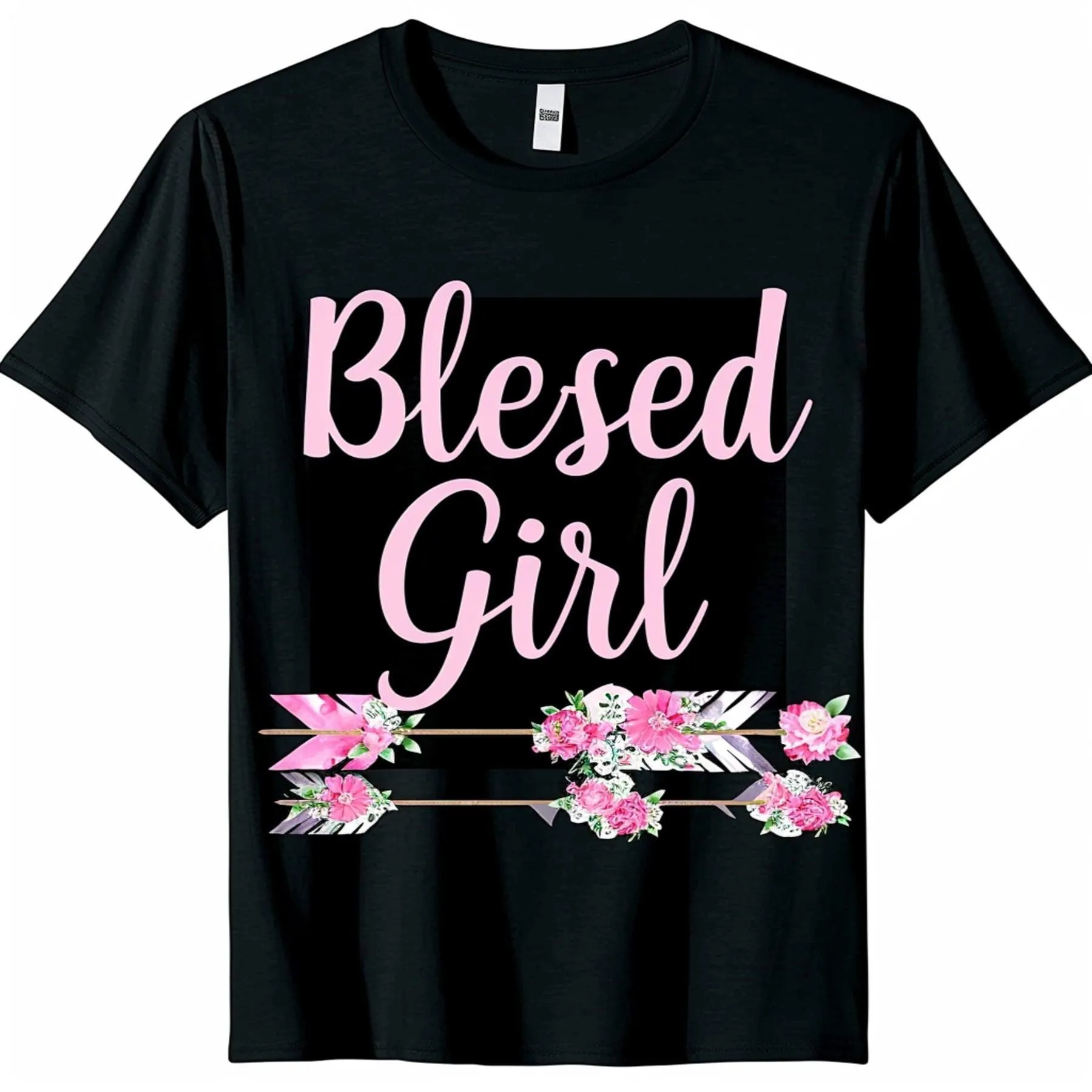 Stylish Black T Shirt with 'Blessed Girl' Design Perfect for Grandma Floral accents arrow and pink/white lettering on a sleek black background