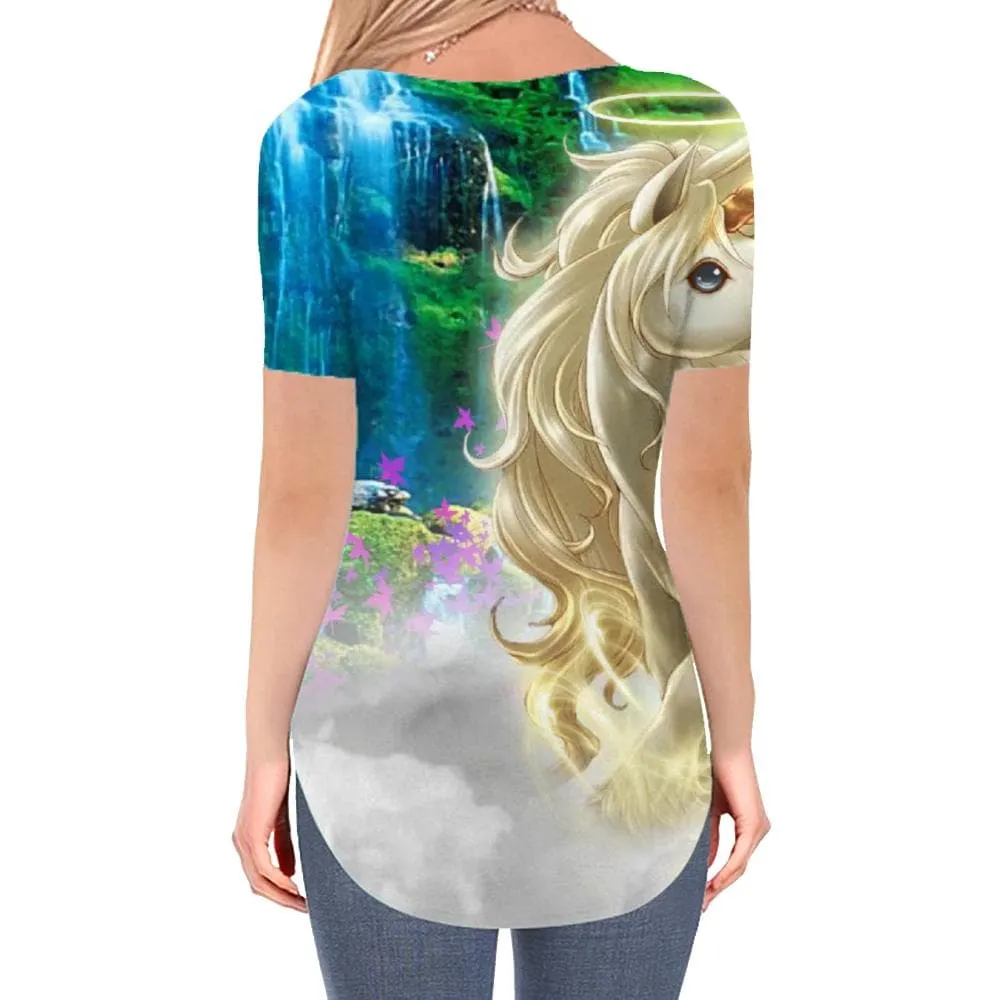 Unicorn T-shirt women Rainbow T-shirts 3d Animal Funny T shirts Waterfall V-neck Tshirt