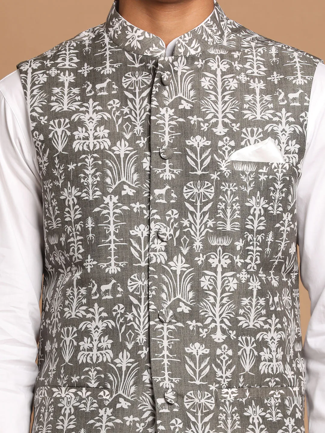 VASTRAMAY Men's Green & White Nehru Jacket