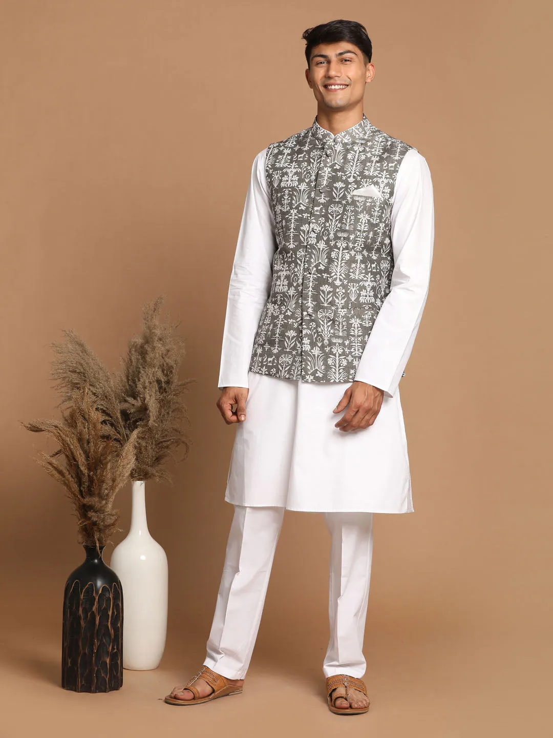 VASTRAMAY Men's Green & White Nehru Jacket