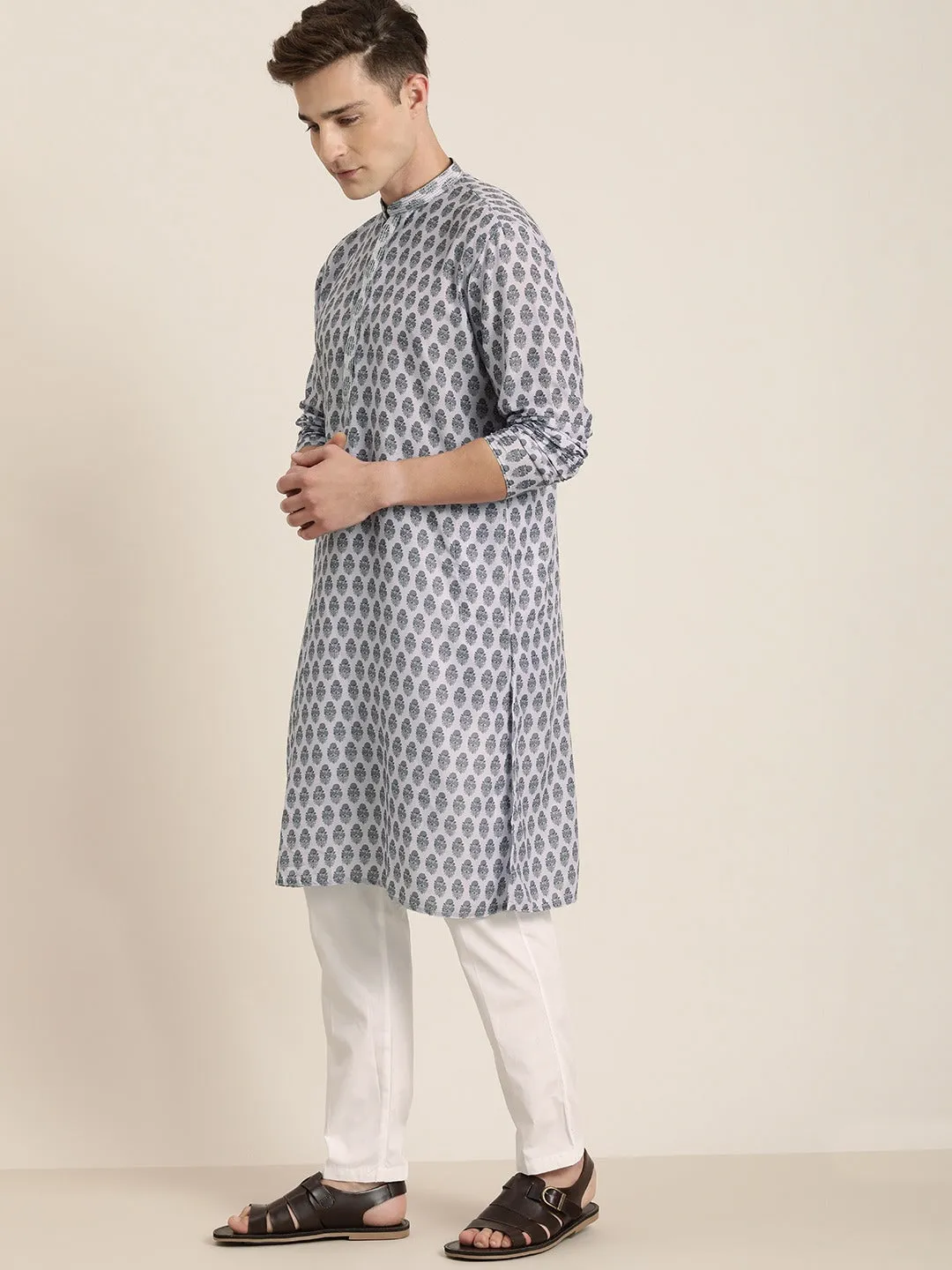 Vastramay Men's Grey Kurta And White Pyjama