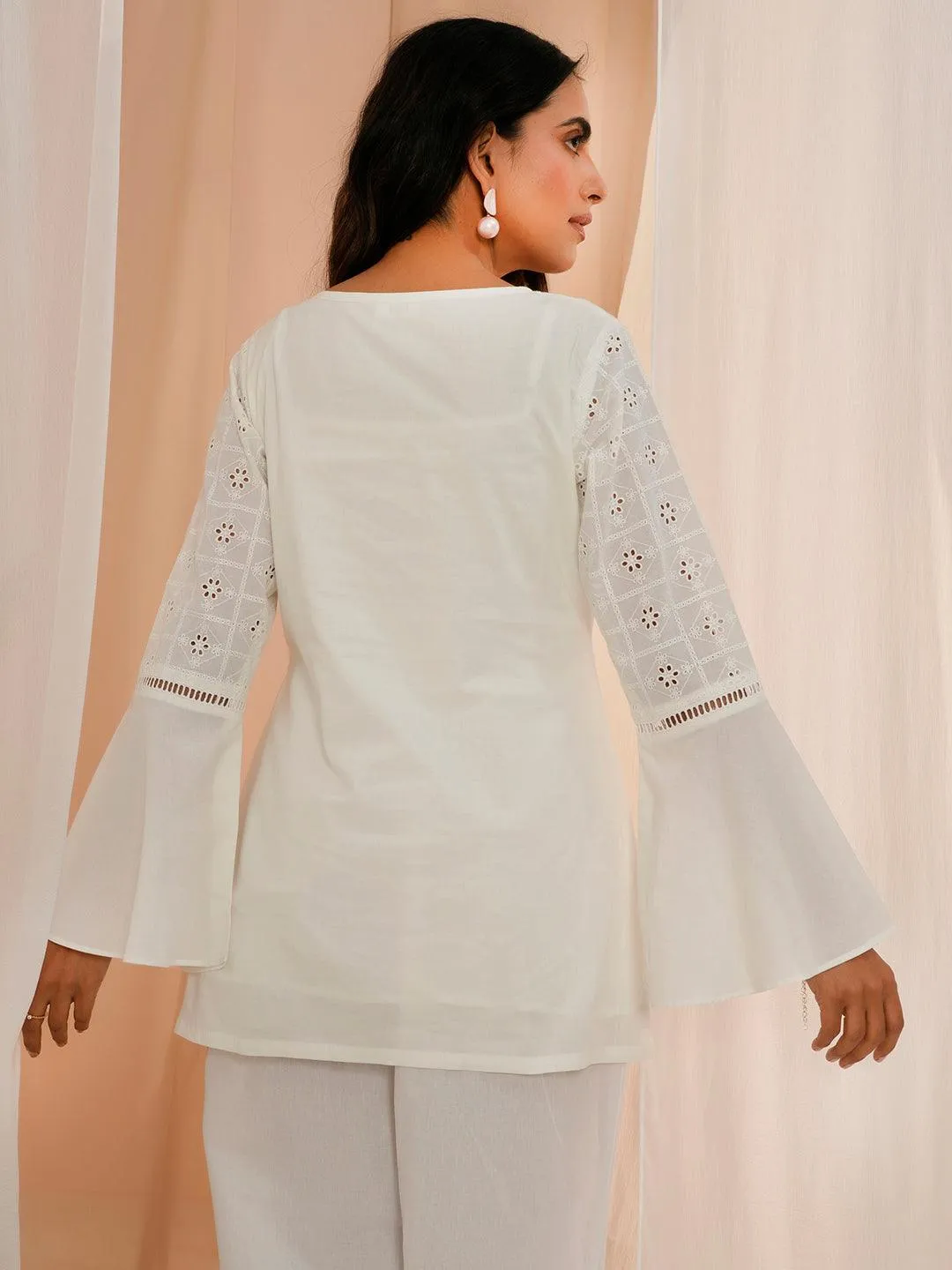 White Embroidered Cotton Straight Kurti