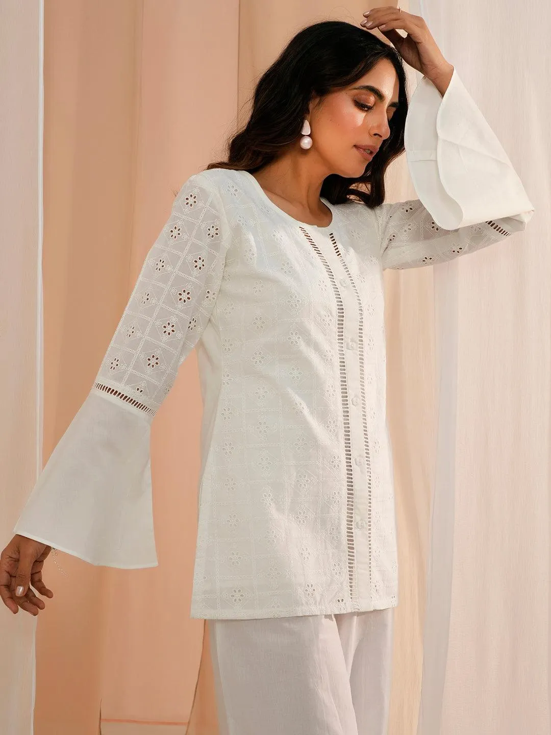 White Embroidered Cotton Straight Kurti