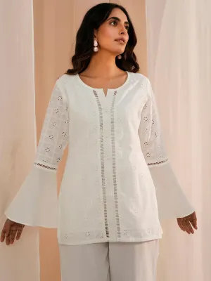 White Embroidered Cotton Straight Kurti