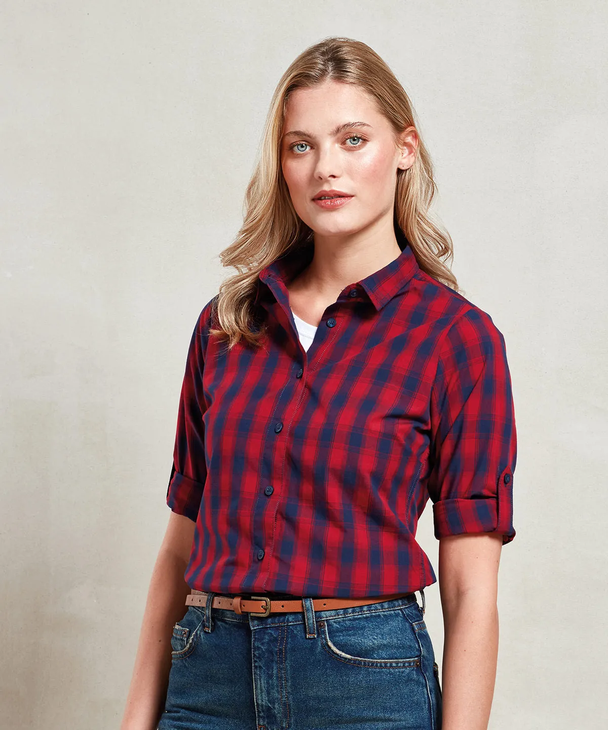 Womens Mulligan check cotton long sleeve shirt | Red/Navy